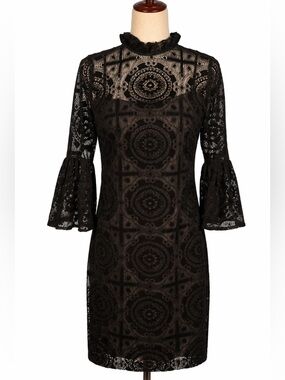Unusual Calvin Klein bell sleeve lace mini dress sheer, exposed zipper- XS/ S